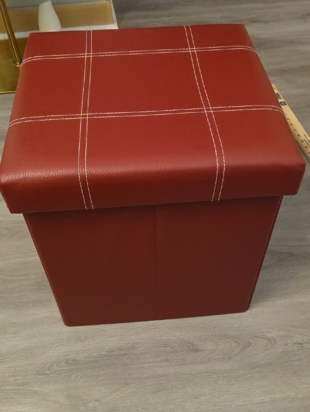 Red Faux Leather Storage Ottoman with White Stitching